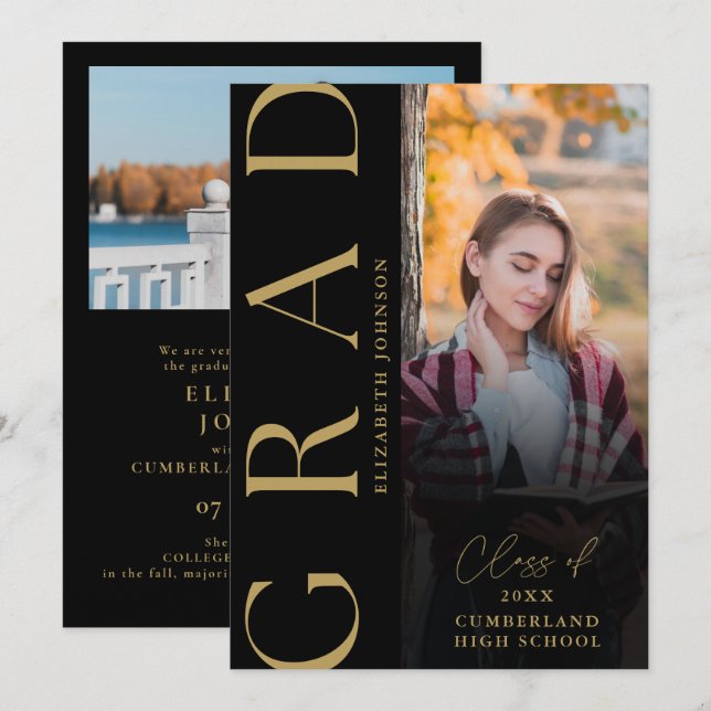 Black And Gold Photo Graduation Announcement (Front/Back)