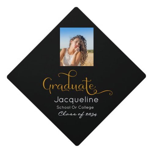 Black and Gold Photo Graduation Cap Topper