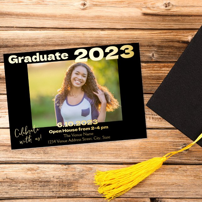 Black and Gold Photo Graduation Invitation Card (Creator Uploaded)