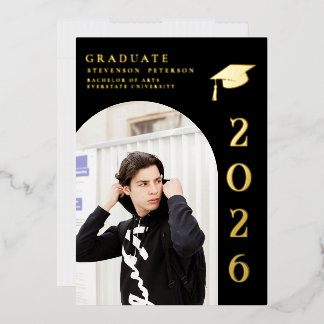Black and Gold Photo Graduation Invitation Foil Invitation
