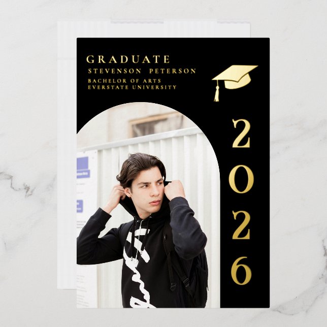 Black and Gold Photo Graduation Invitation Foil Invitation (Envelope)