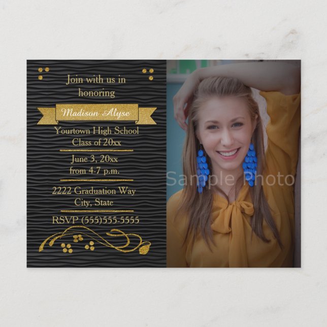 Black and Gold Photo Graduation Party Card (Front)