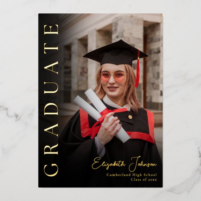Black And Gold Photo Graduation Party Foil Invitation (Front)