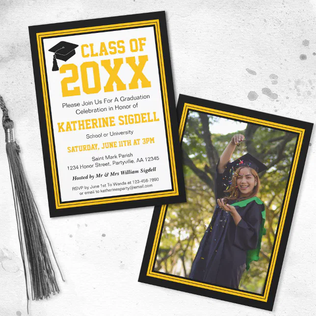 Black and Gold Photo Graduation Party Invitation | Zazzle
