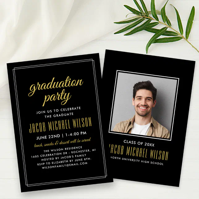 Black and Gold Photo Graduation Party Invitation | Zazzle