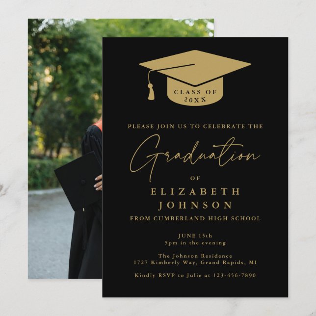Black And Gold Photo Graduation Party Invitation (Front/Back)