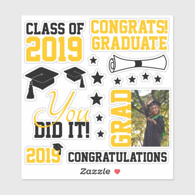Black and Gold Photo Graduation Sticker (Sheet)