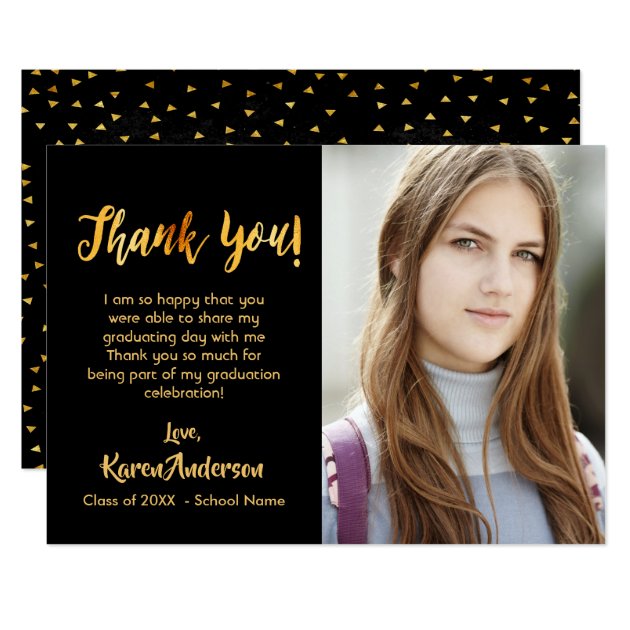 Black And Gold Photo Graduation Thank You Card