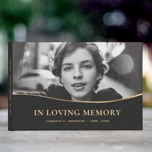 Black and Gold Photo In Loving Memory Funeral Guest Book