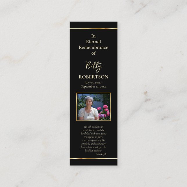 Black and Gold Photo Memorial Prayer Bookmark Mini Business Card (Front)