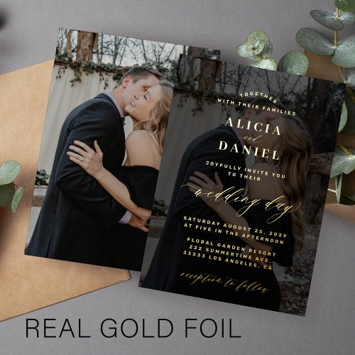 Black and gold photo overlay elegant typography foil invitation