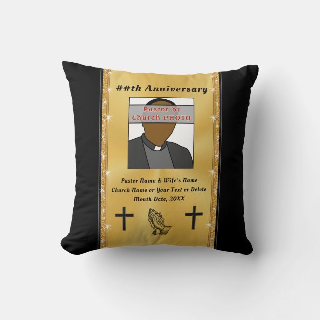 Black and Gold Photo Pastor Anniversary Gifts Throw Pillow (Front)