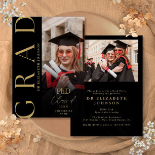 Black And Gold Photo PhD Degree Graduation Party Invitation