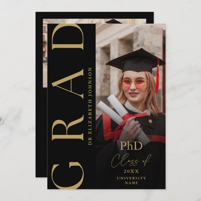 Black And Gold Photo PhD Degree Graduation Party Invitation (Front/Back)