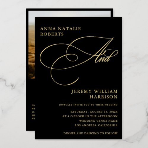 Black and Gold Photo Script And QR Code Wedding Foil Invitation
