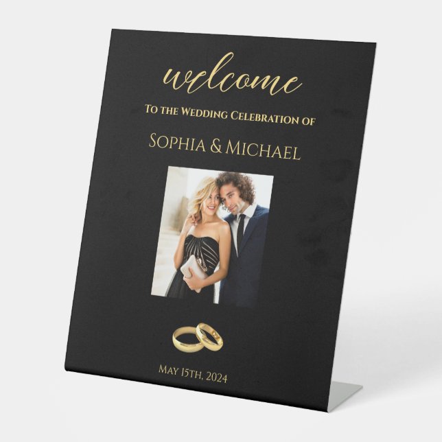 Black and Gold-Photo Wedding-Table Sign- Pedestal Sign (Front)