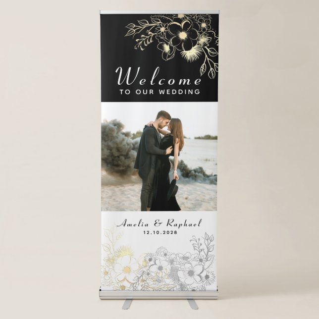 Black and Gold Photo Wedding Welcome Retractable Banner (Front)