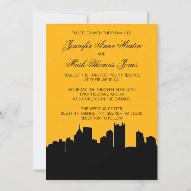 Black and Gold Pittsburgh City Skyline Wedding II Invitation | Zazzle