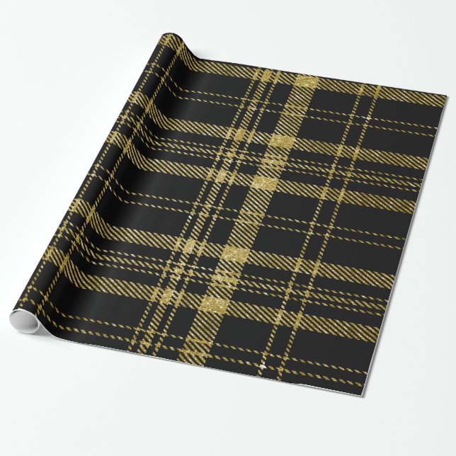 Black and gold Plaid-07 Wrapping Paper (Unrolled)