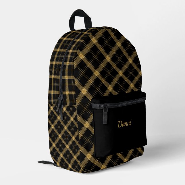 Black and Gold Plaid  Printed Backpack (Back Corner Left)