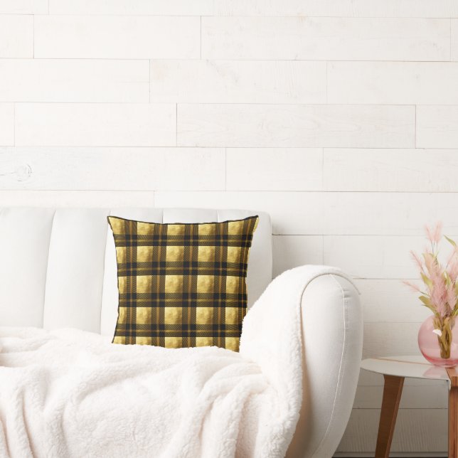 Black and Gold Plaid Throw Pillow (Couch)
