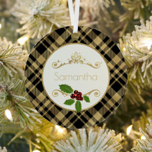 Black And Gold Plaid With Name Christmas Metal Ornament