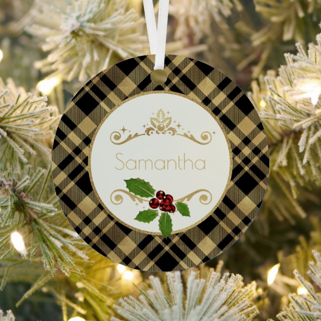 Black And Gold Plaid With Name Christmas Metal Ornament (Insitu)