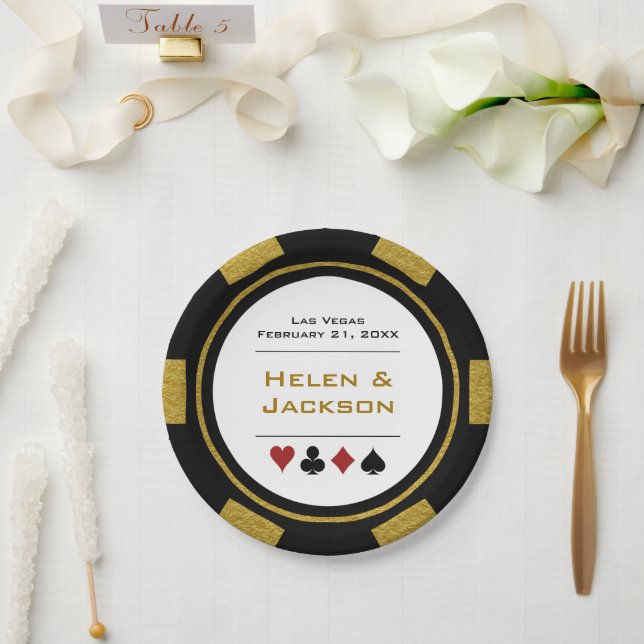 Black and Gold Poker Chip Las Vegas Wedding Paper Plates (Wedding)