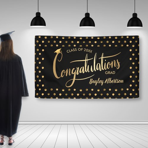 Black and Gold Polka Dot Congrats Grad Graduation Banner