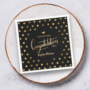 Black and Gold Polka Dot Congrats Grad Graduation Napkins