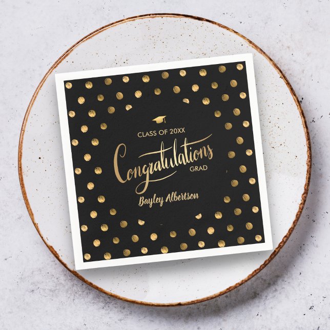 Black and Gold Polka Dot Congrats Grad Graduation Napkins (Creator Uploaded)