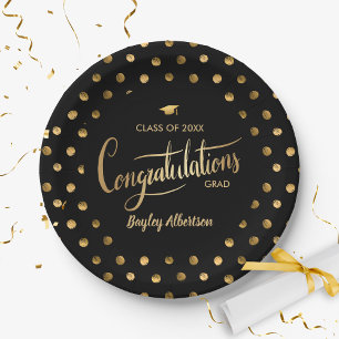 Black and Gold Polka Dot Congrats Grad Graduation Paper Plates