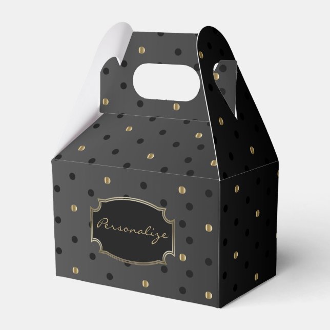 Black and Gold Polka Dots on Black  Favor Boxes (Front Side)