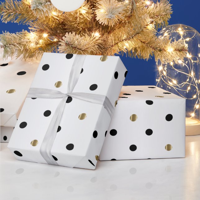Black and Gold Polka Dots on White Satin Wrapping Paper (Holidays)