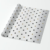 Black and Gold Polka Dots on White Satin Wrapping Paper (Unrolled)