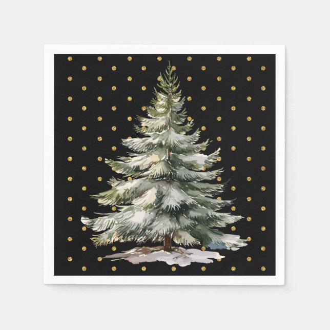Black and Gold Polka Dots Watercolor Pine Tree Napkins (Front)