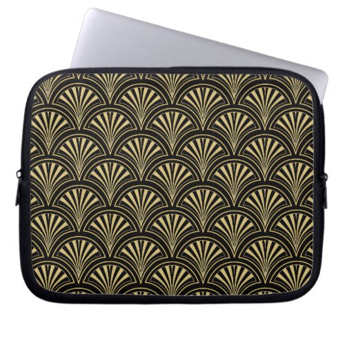 Black and Gold Posh Deco Fan Pattern Laptop Sleeve