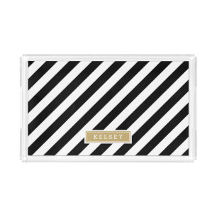 Black and Gold Preppy Stripes Monogram Acrylic Tray