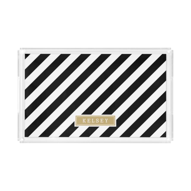 Black and Gold Preppy Stripes Monogram Acrylic Tray (Front)