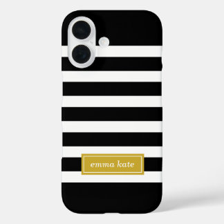Black and Gold Preppy Stripes Monogram iPhone 16 Case