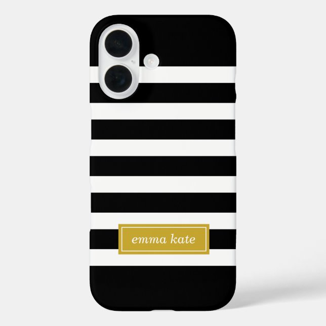 Black and Gold Preppy Stripes Monogram Case-Mate iPhone Case (Back)