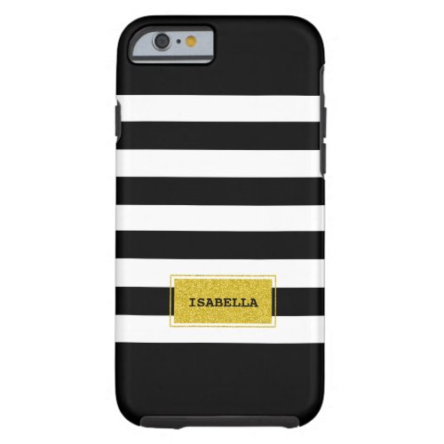 Black and Gold Preppy Stripes Monogram Tough iPhone 6 Case