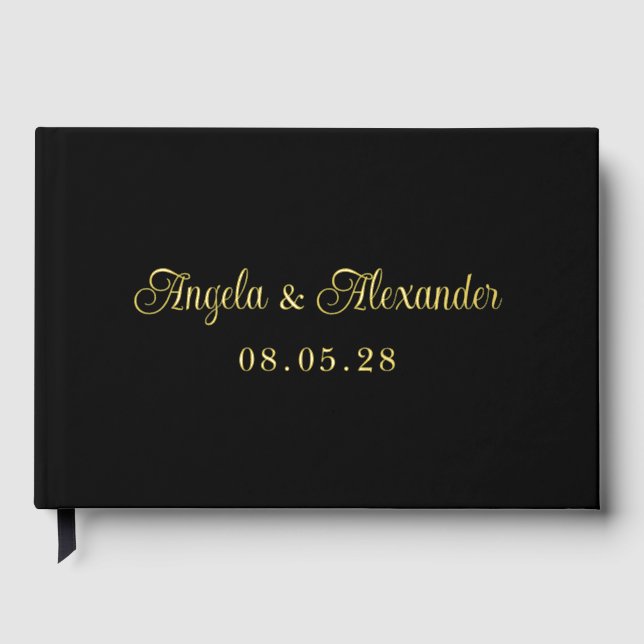 Black and Gold Pretty Curly Script Wedding Foil Guest Book (Front)