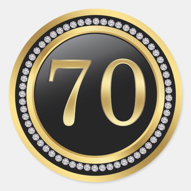 Black and gold, printed diamonds 70th Birthday Classic Round Sticker (Front)