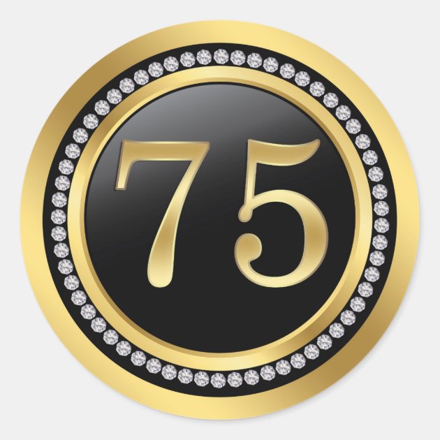 Black And Gold, Printed Diamonds 75th Birthday Classic Round Sticker ...