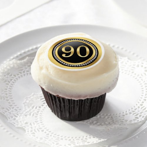 Black and gold printed diamonds 90th Birthday Edible Frosting Rounds