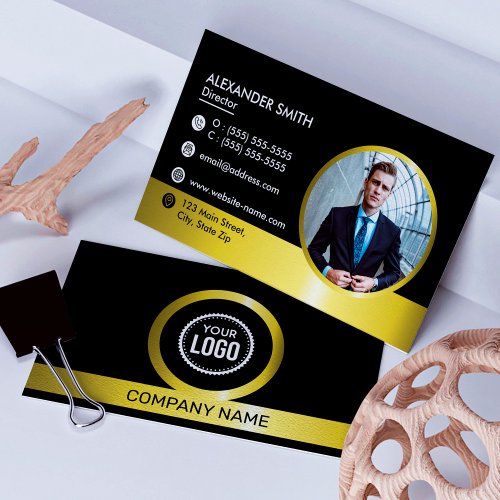 Black And Gold Professional Company Logo Add Photo Business Card