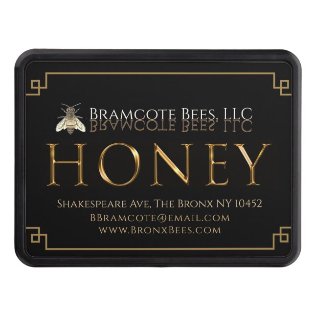 Black and Gold Promotional Apiary Honey Car Hitch Cover (Front)
