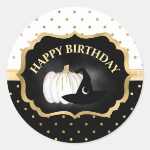 Black and Gold Pumpkin and Witch Hat Birthday Classic Round Sticker