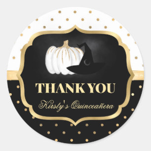 Black and Gold Pumpkin and Witch Hat Quinceanera Classic Round Sticker